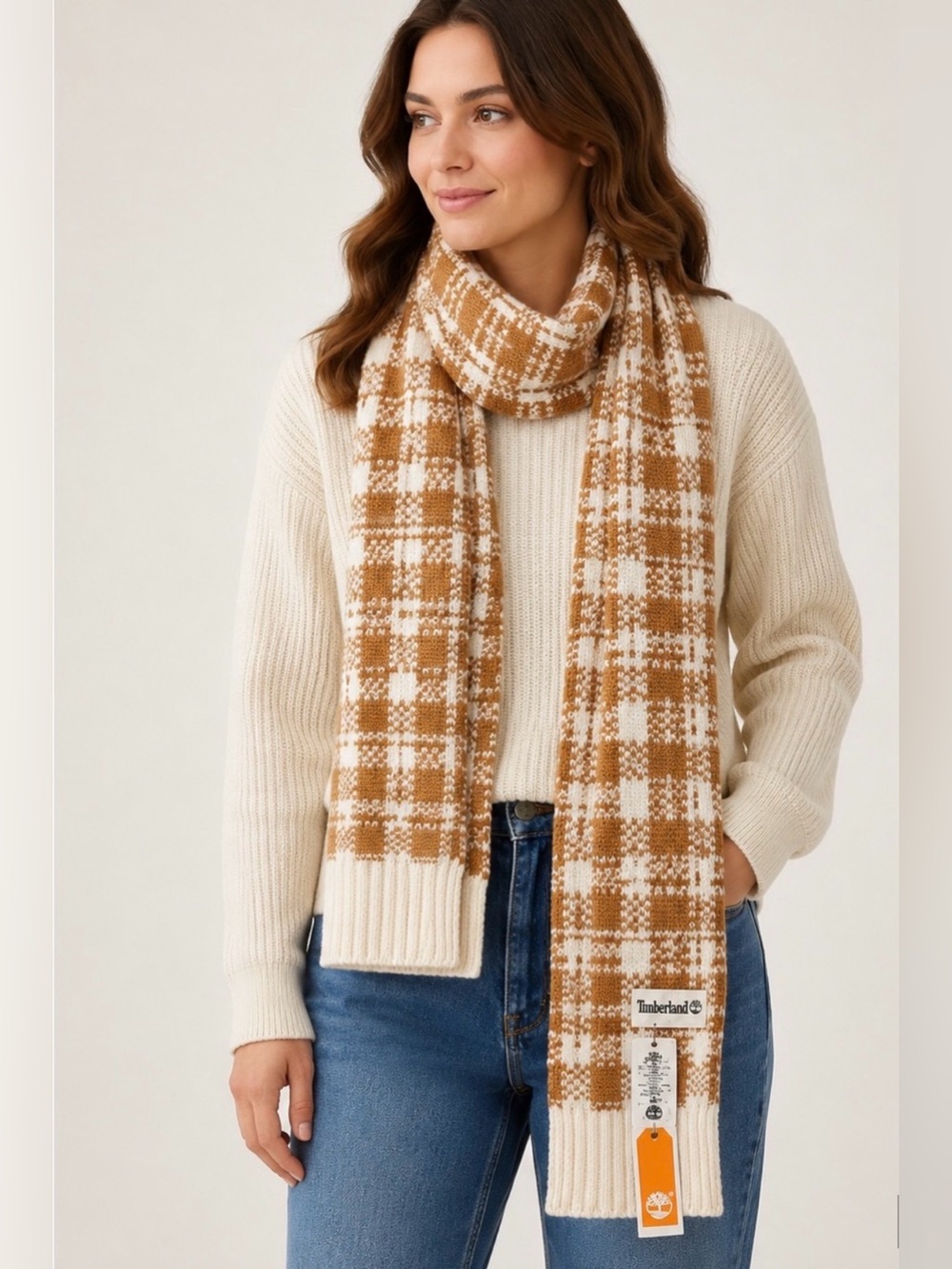 Timberland Buffalo Plaid Scarf, 11”x69" Wheat Tan White Unisex